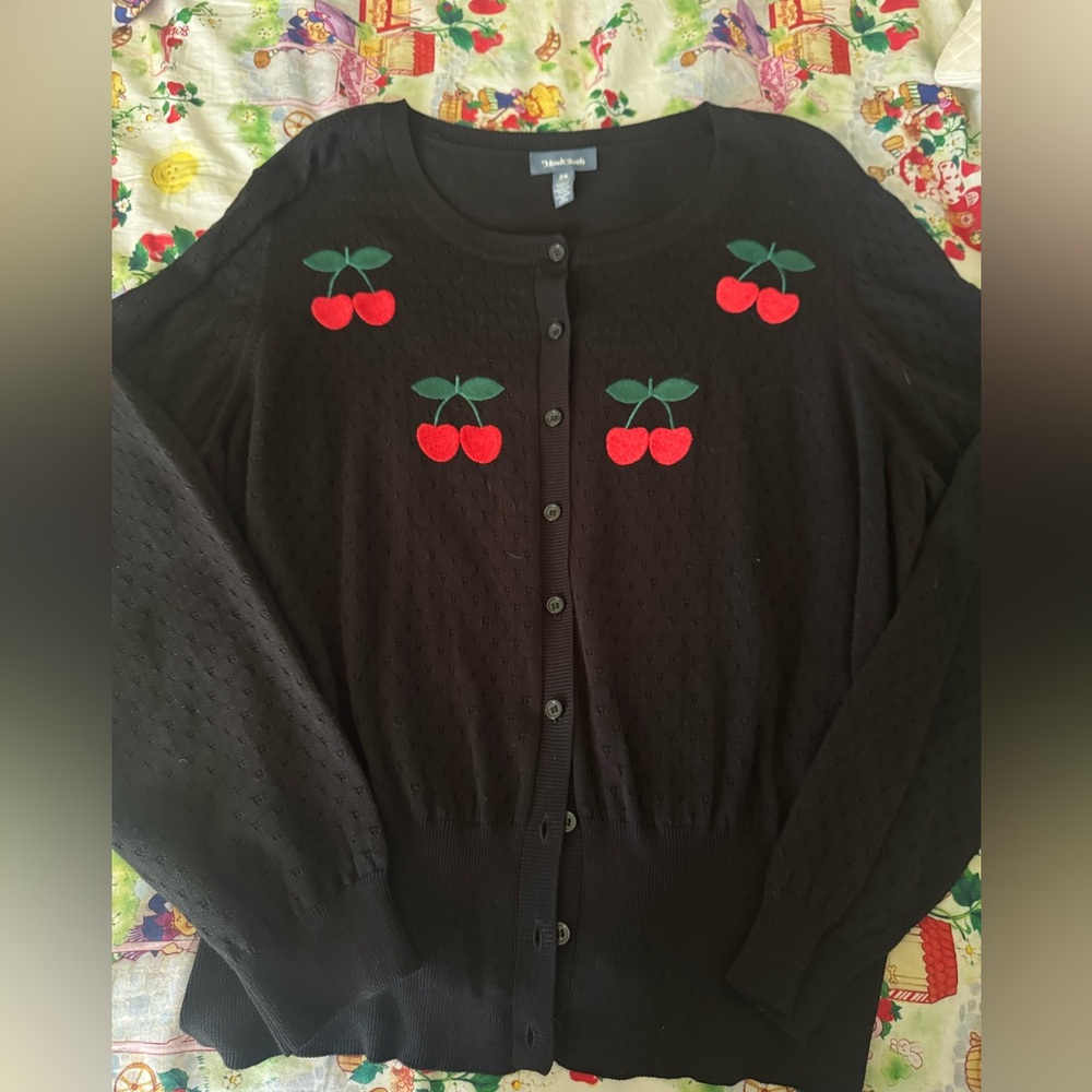 ModCloth Cardigan Women's 2X Black Cherries Sweater Pinup Retro Embroidered